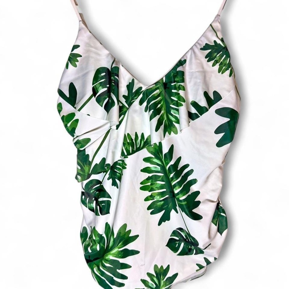 Tropical Monstera Leaf Print One Piece Swimsuit Green White Ruffle V-Neck Swim